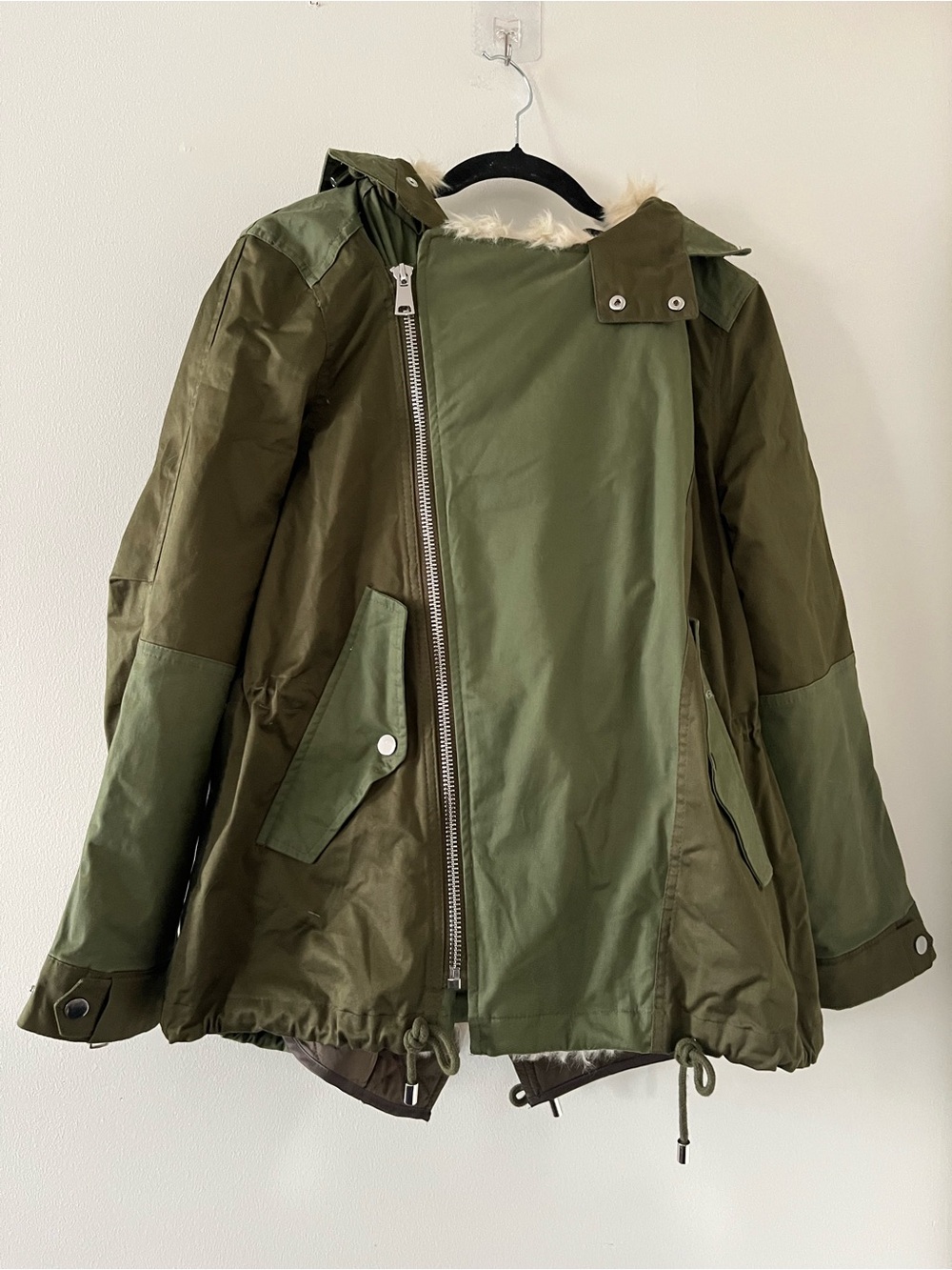 Zara Olive Green Faux Fur Hooded Parka Jacket XS Utility Military Winter Outdoor
